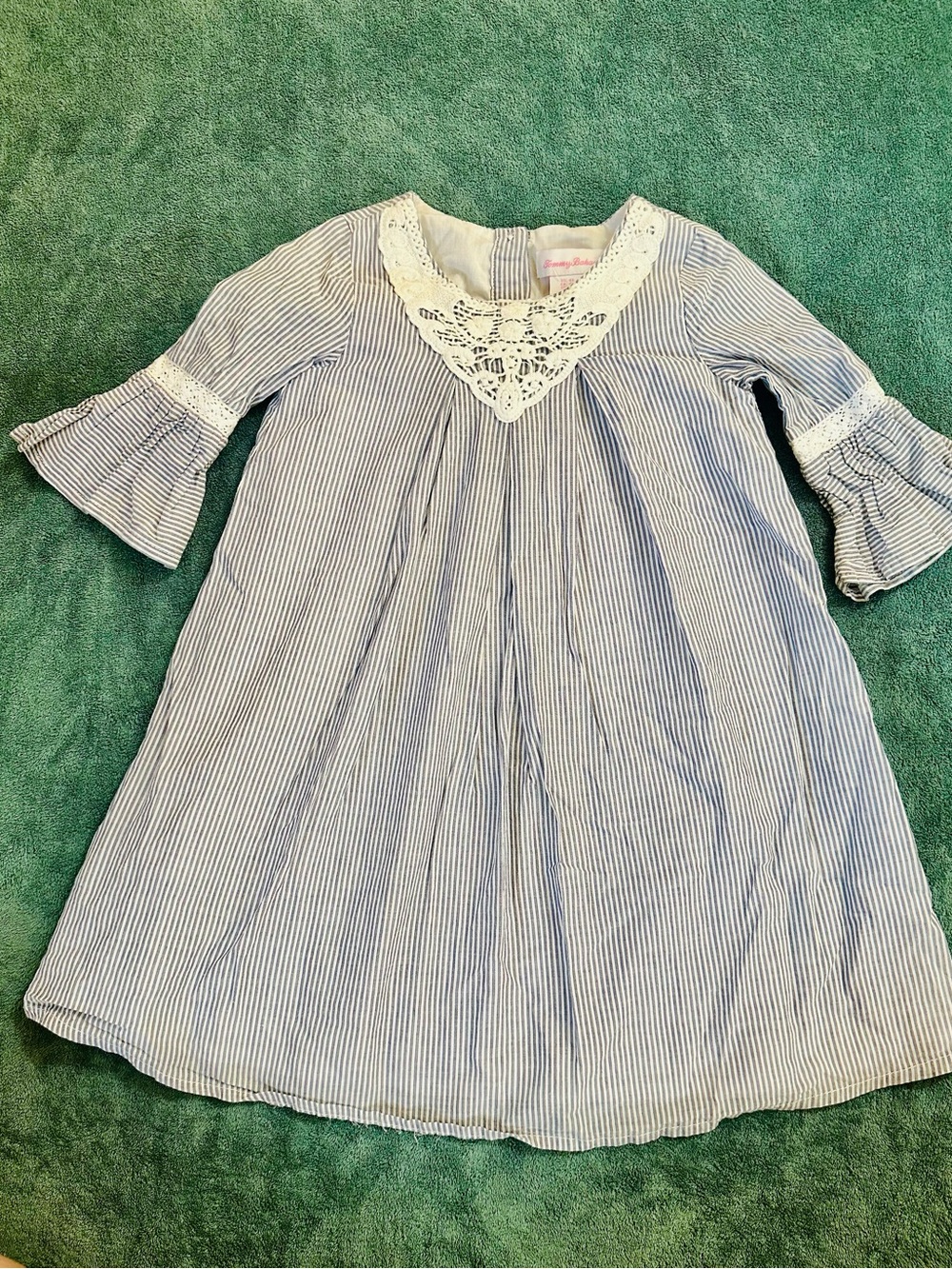 Tommy Bahama Girls Blue Stripe Lace Trim Dress 4T Bell Sleeve Boho